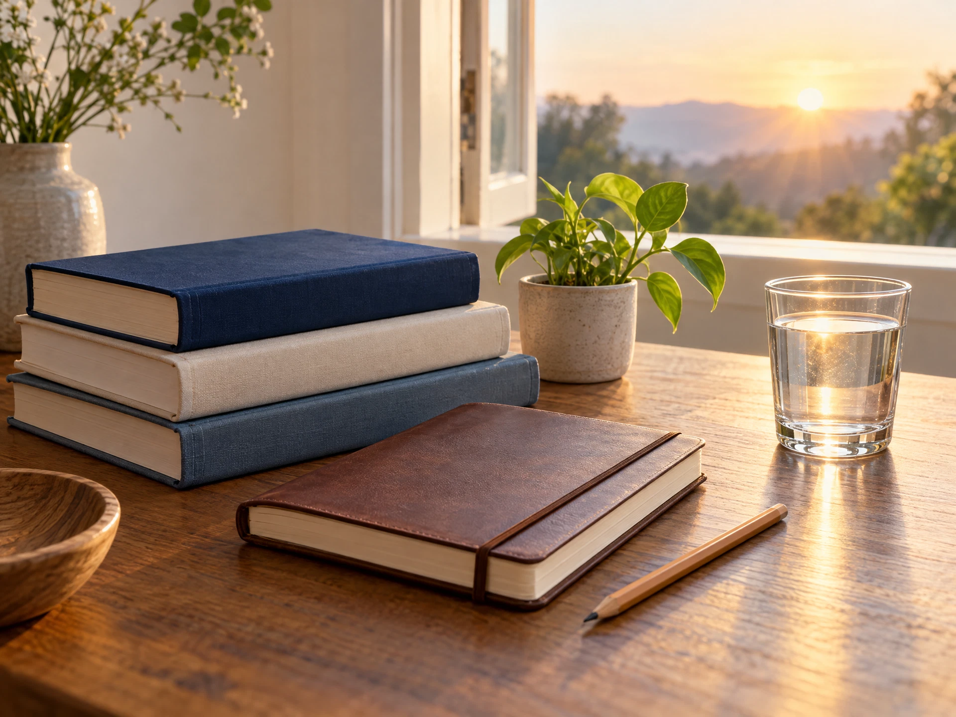 Unmarked books and a journal in the morning light