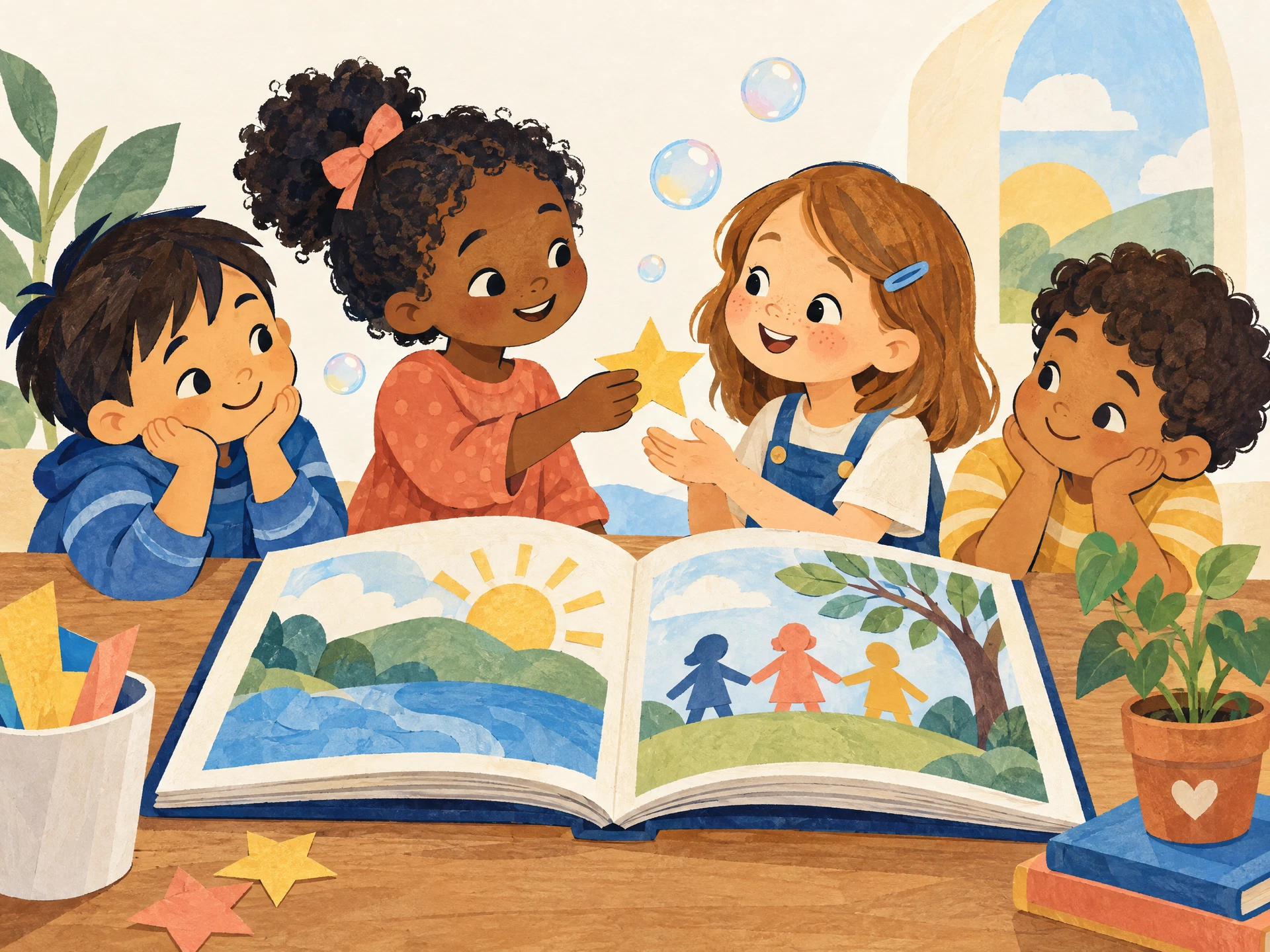 Children share an open picture book and a paper star